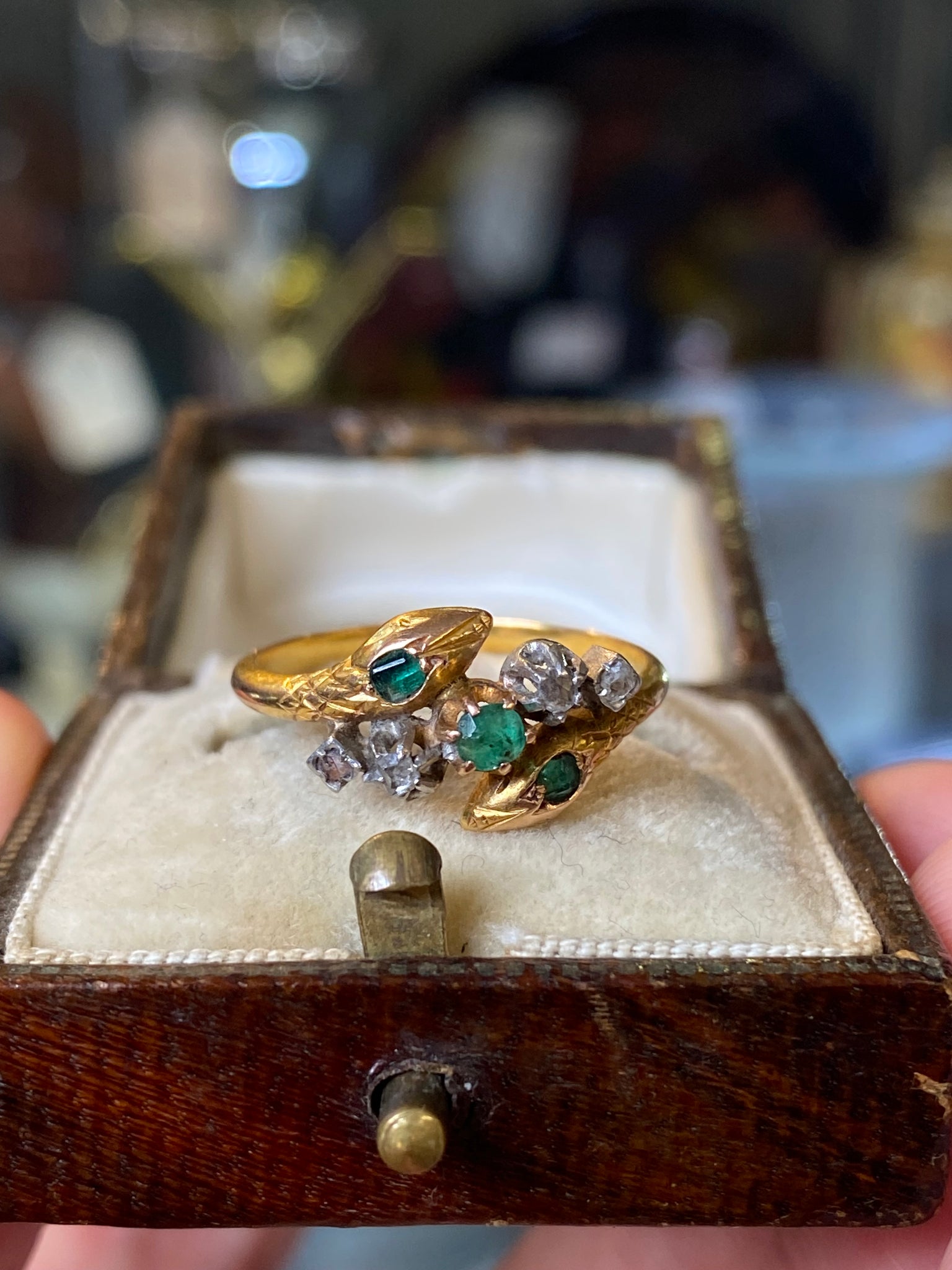 Antique 18ct Gold French Emerald & Diamond Serpent Ring