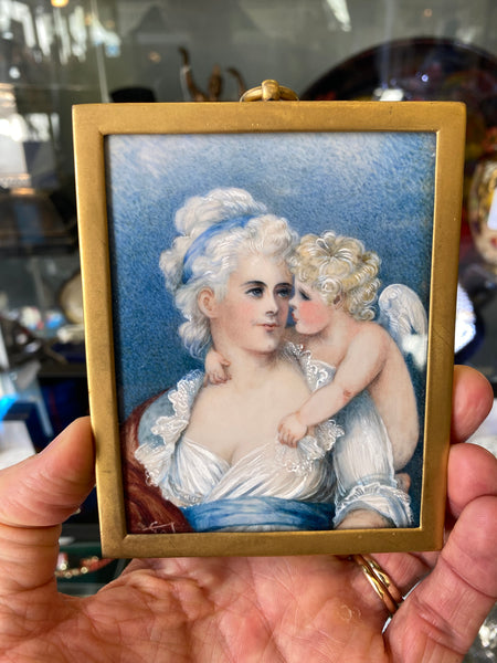 Antique Hand Painted Portrait Lady With Cherub