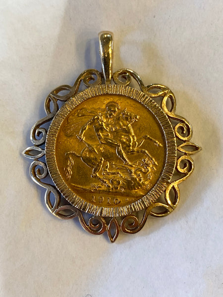 Antique Full Gold Sovereign (1910) In 9ct Gold Pendant Mount