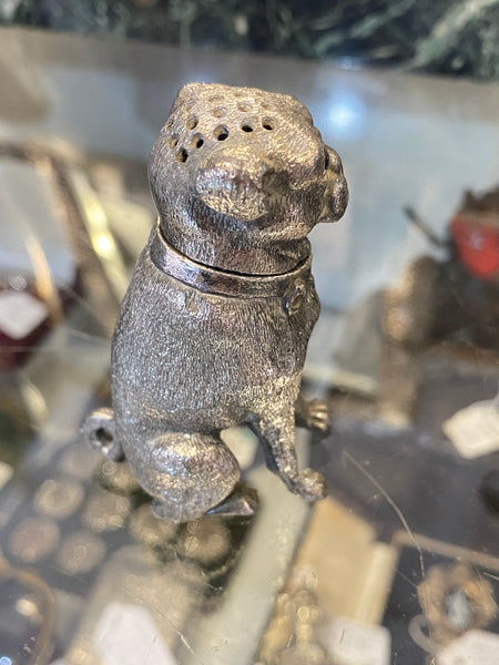 Antique Victorian Novelty Pewter Pug Dog Pounce Pot