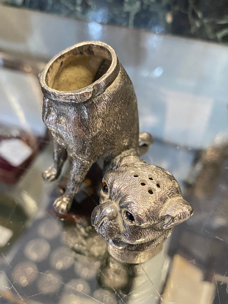 Antique Victorian Novelty Pewter Pug Dog Pounce Pot