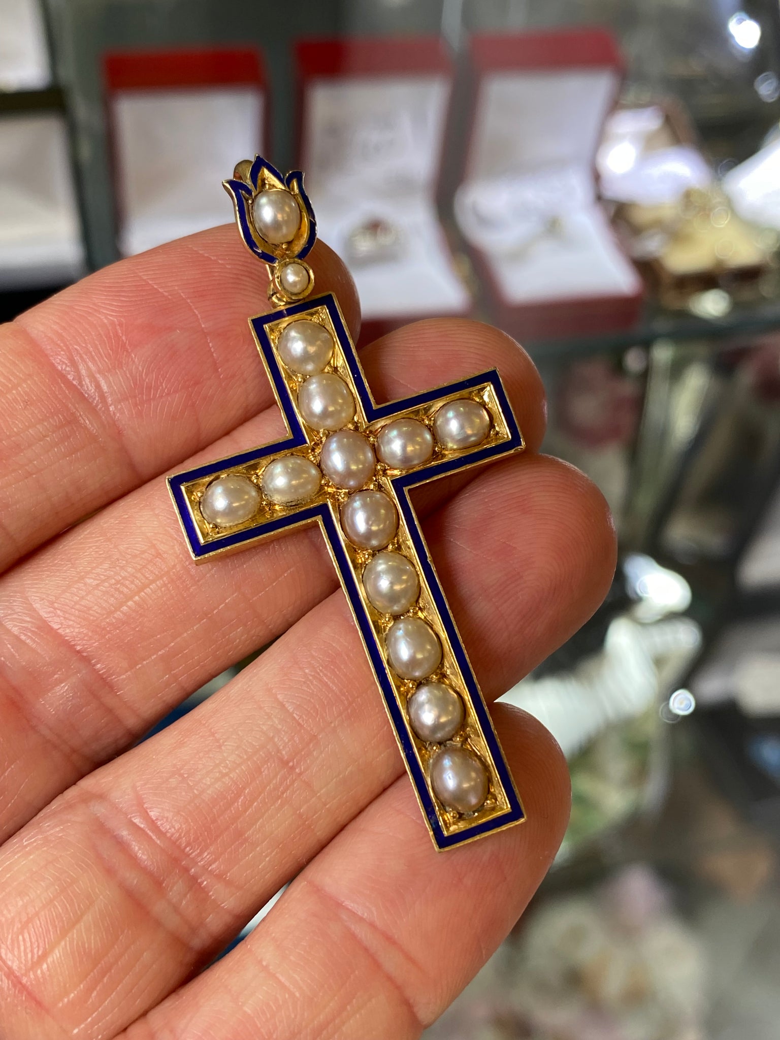 Antique 19th Century Victorian 18ct Gold & Seed Pearl Mourning Cross Pendant