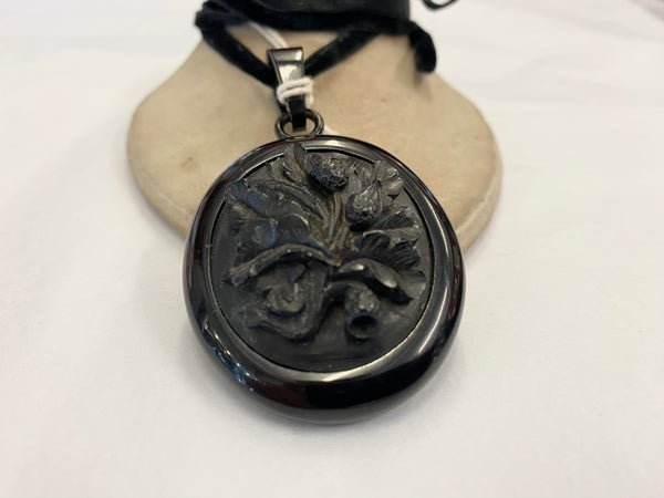 Antique Whitby Jet Mourning Pendant Locket With Hair c.1870