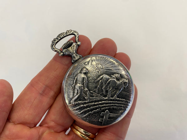 Charming Silver Ploughing Pocketwatch