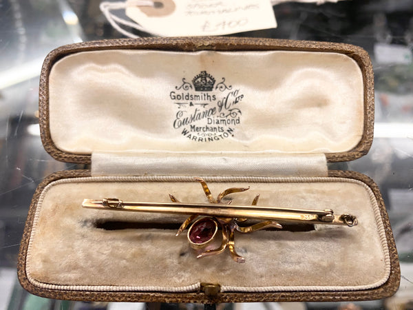 Boxed Antique 9ct Gold & Tourmaline Spider Brooch