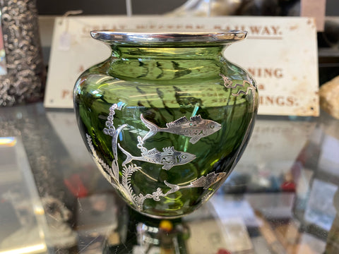 Art Nouveau Green Glass & Silver Overlay Vase