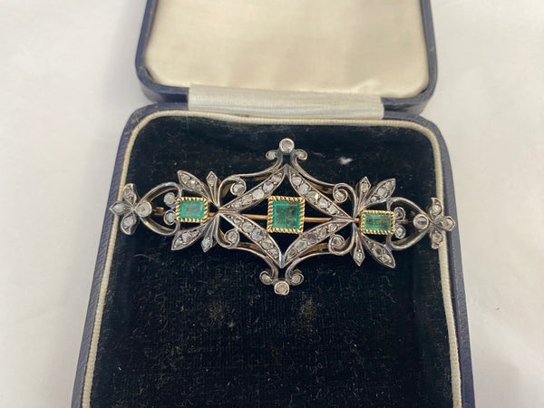 Antique 14ct Gold, Silver, Diamond & Emerald Brooch