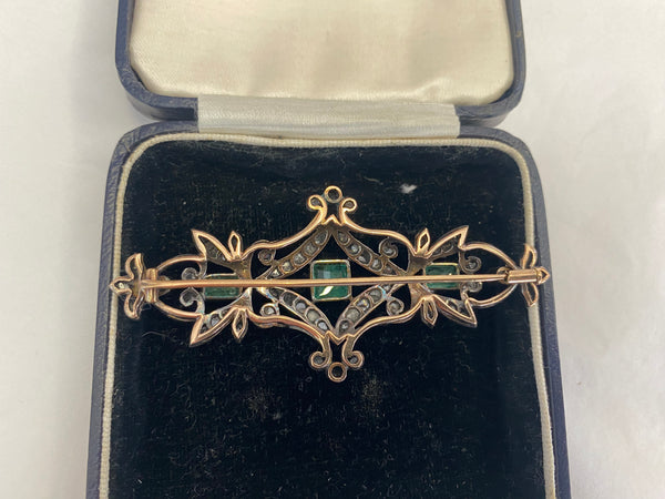 Antique 14ct Gold, Silver, Diamond & Emerald Brooch