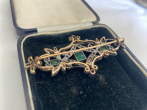 Antique 14ct Gold, Silver, Diamond & Emerald Brooch