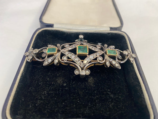 Antique 14ct Gold, Silver, Diamond & Emerald Brooch