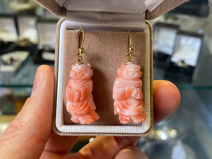 Chinese Figural Coral Earrings With 9ct Gold