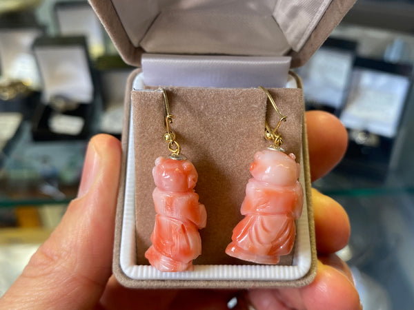 Chinese Figural Coral Earrings With 9ct Gold