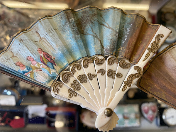 Pair Signed Bone Hand-painted Miniature Doll’s Fans