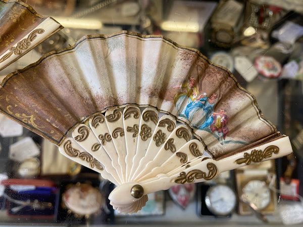 Pair Signed Bone Hand-painted Miniature Doll’s Fans