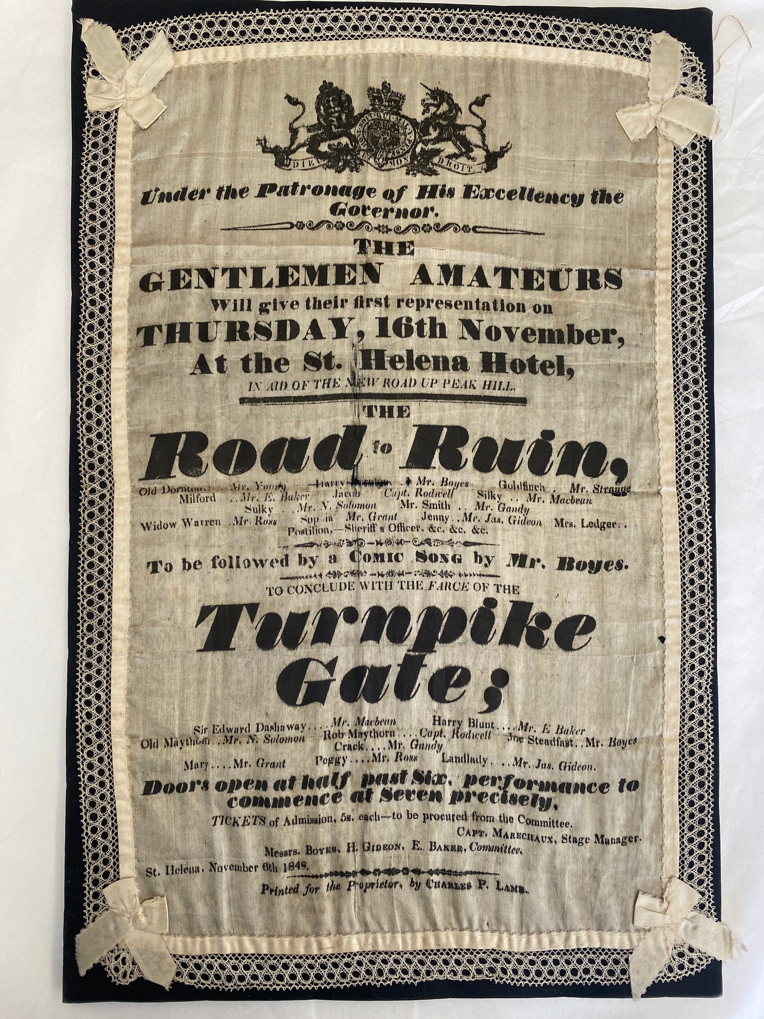 Rare Silk Advertising Theatre Play Poster Dated 1848