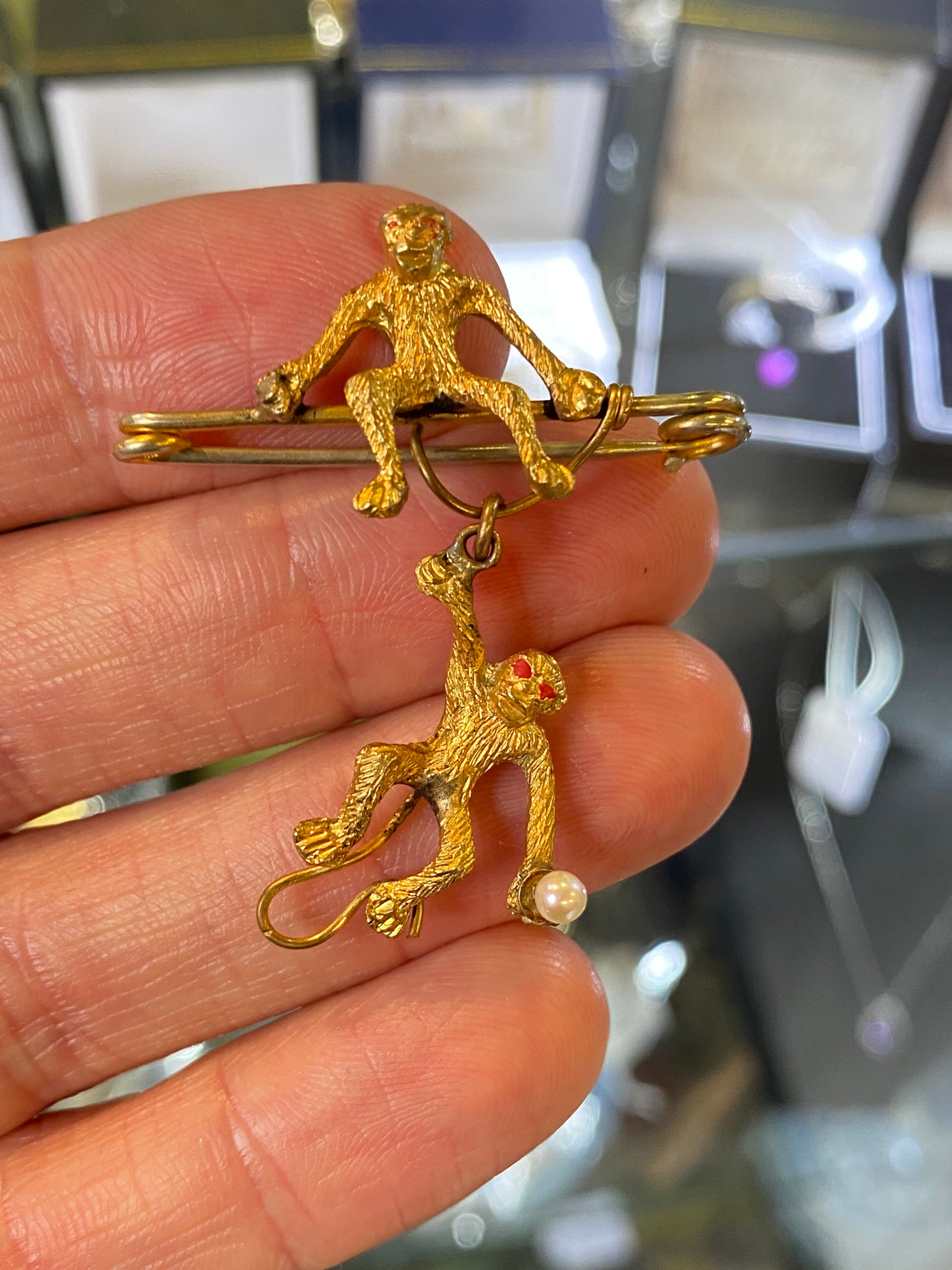 Antique Victorian Gilt & Pearl Swinging Monkey Brooch