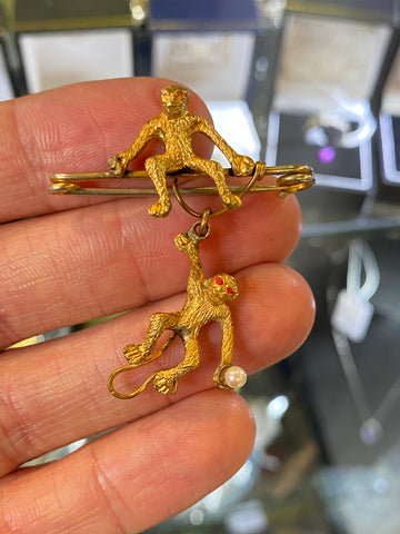 Antique Victorian Gilt & Pearl Swinging Monkey Brooch