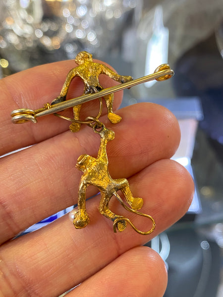 Antique Victorian Gilt & Pearl Swinging Monkey Brooch