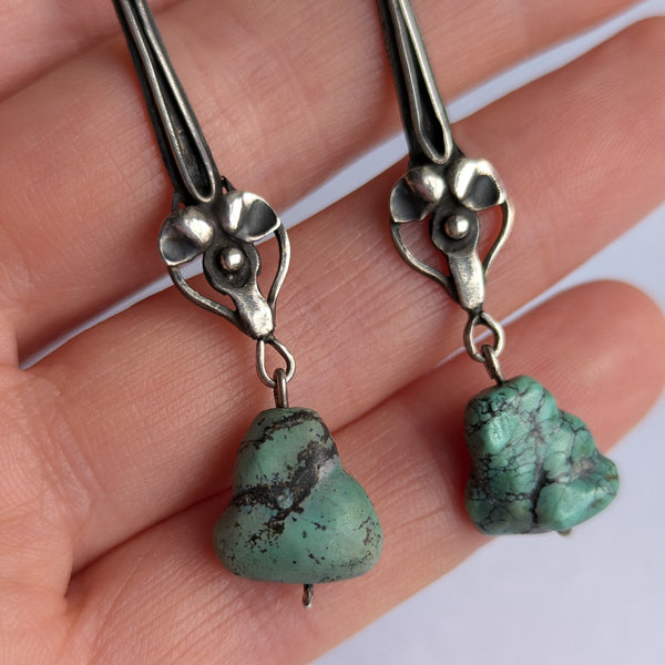 Antique Arts & Crafts Silver Turquoise Drop Earrings