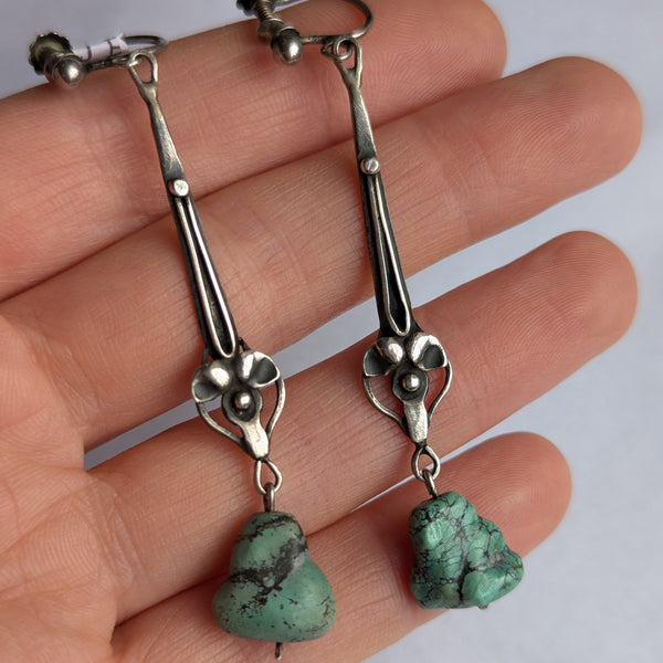 Antique Arts & Crafts Silver Turquoise Drop Earrings