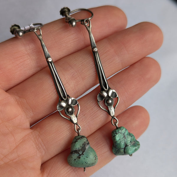 Antique Arts & Crafts Silver Turquoise Drop Earrings