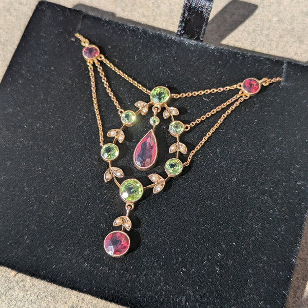 Edwardian 9ct Gold Pearl Peridot & Garnet Necklace