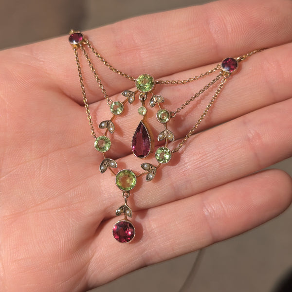 Edwardian 9ct Gold Pearl Peridot & Garnet Necklace