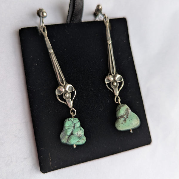 Antique Arts & Crafts Silver Turquoise Drop Earrings