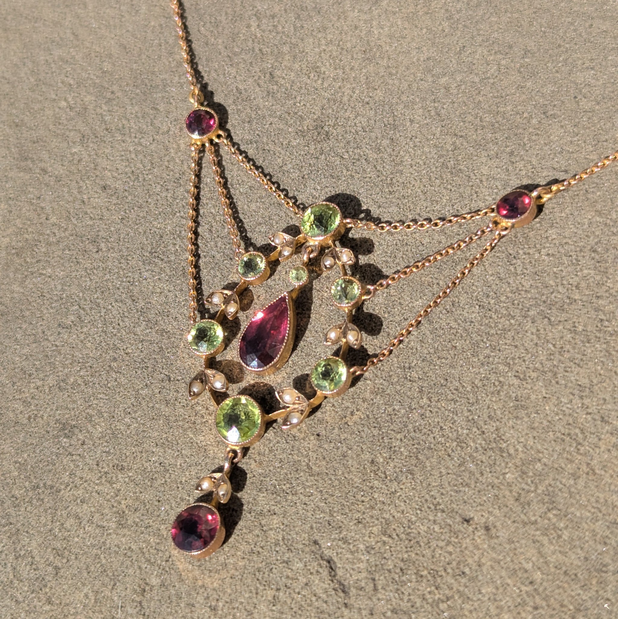 Edwardian 9ct Gold Pearl Peridot & Garnet Necklace
