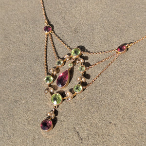 Edwardian 9ct Gold Pearl Peridot & Garnet Necklace