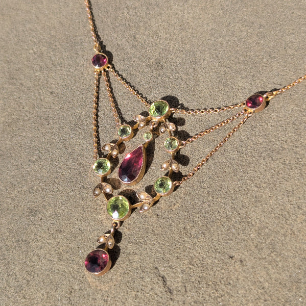 Edwardian 9ct Gold Pearl Peridot & Garnet Necklace