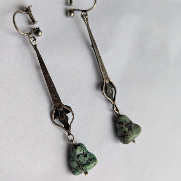 Antique Arts & Crafts Silver Turquoise Drop Earrings