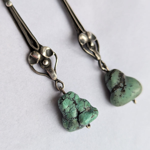 Antique Arts & Crafts Silver Turquoise Drop Earrings