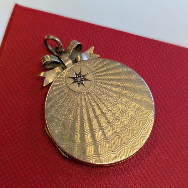 Antique 9ct Gold & Diamond Locket with Bow 1913