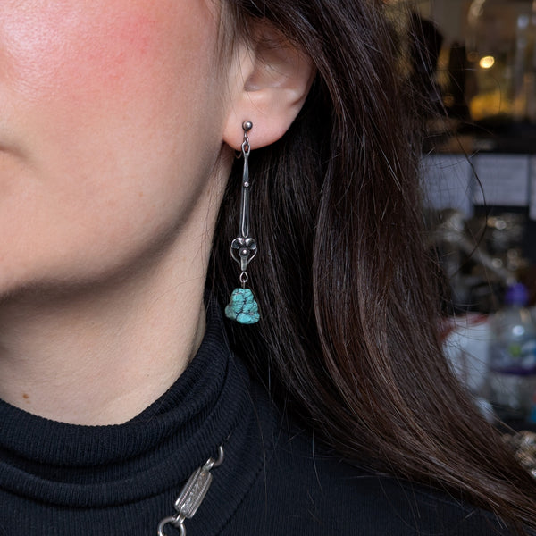 Antique Arts & Crafts Silver Turquoise Drop Earrings