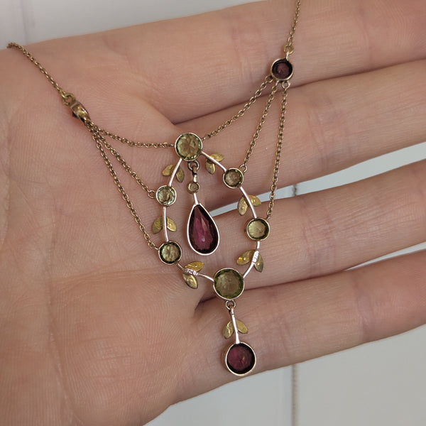 Edwardian 9ct Gold Pearl Peridot & Garnet Necklace