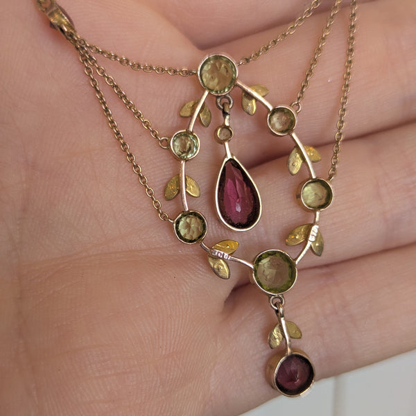 Edwardian 9ct Gold Pearl Peridot & Garnet Necklace