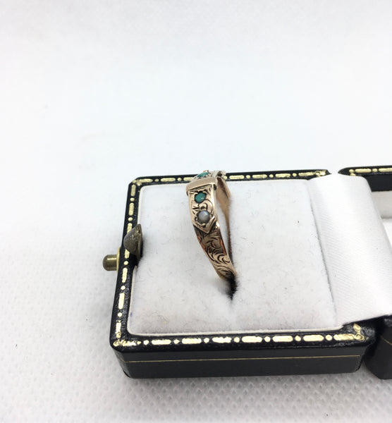 Antique Victorian 9ct Gold Turquoise And Seed Pearl Buckle Ring