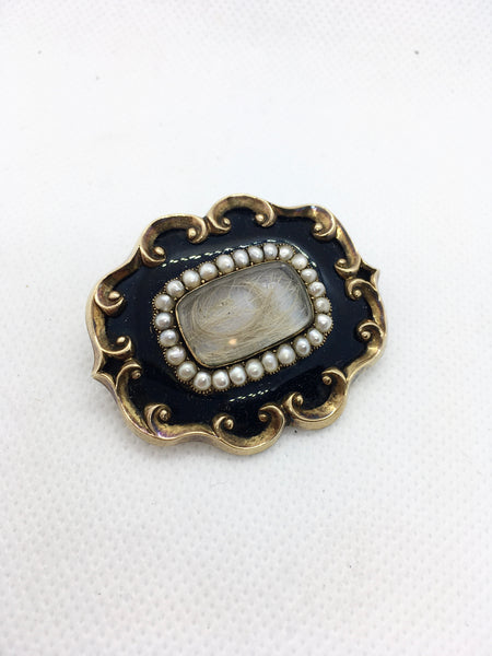 Antique Victorian Heavy 9ct Gold, Pearl & Enamel Mourning Brooch