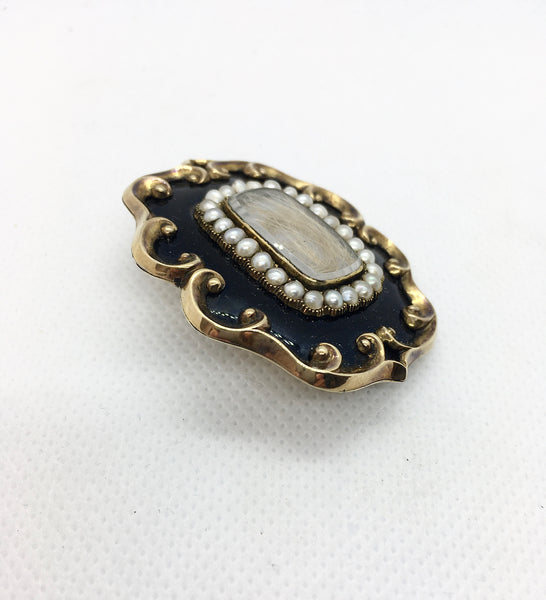 Antique Victorian Heavy 9ct Gold, Pearl & Enamel Mourning Brooch