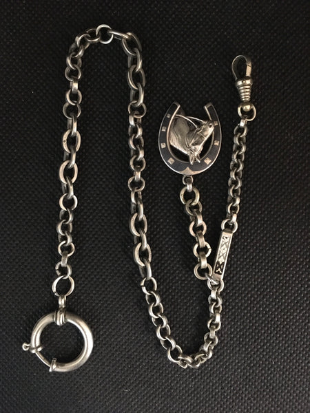 Early 20th Century French Silver (Tested) & Niello Albert Chain With Fob
