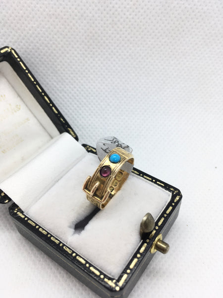 Antique Victorian 18ct Gold Ruby And Turquoise Buckle Ring