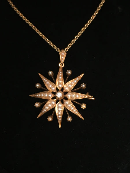 Antique Victorian 15ct Gold, Diamond & Seed Pearl Pendant Necklace