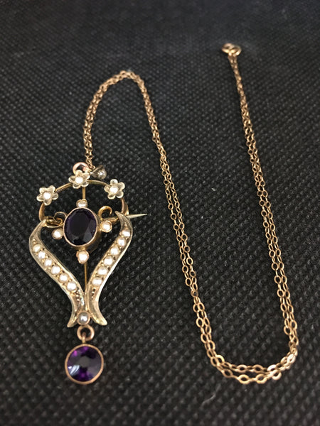 Antique Victorian 9ct Gold, Amethyst & Seed Pearl Pendant Necklace