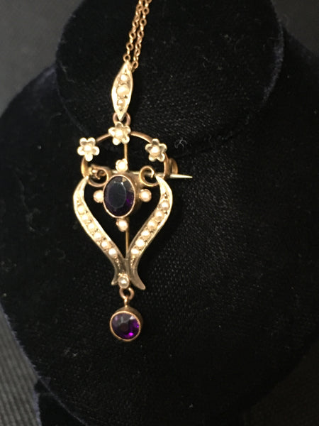 Antique Victorian 9ct Gold, Amethyst & Seed Pearl Pendant Necklace